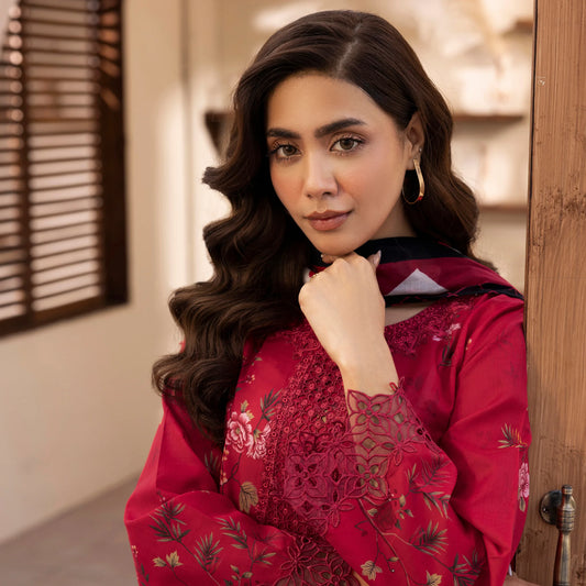 3 Piece Stitched Lawn Suit with Embroidery & Print