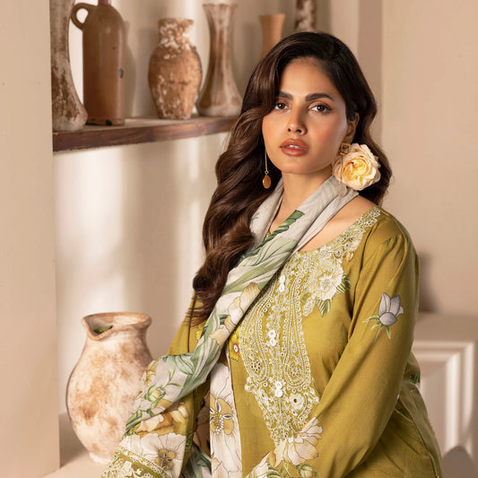3 Piece Stitched Lawn Suit with Embroidery & Print