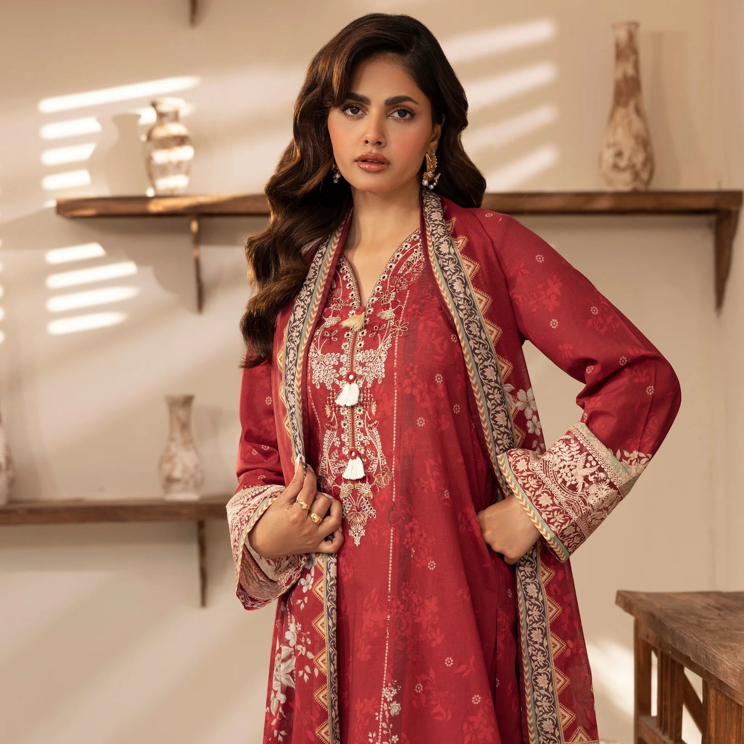 3 Piece Stitched Lawn Suit with Embroidery & Print