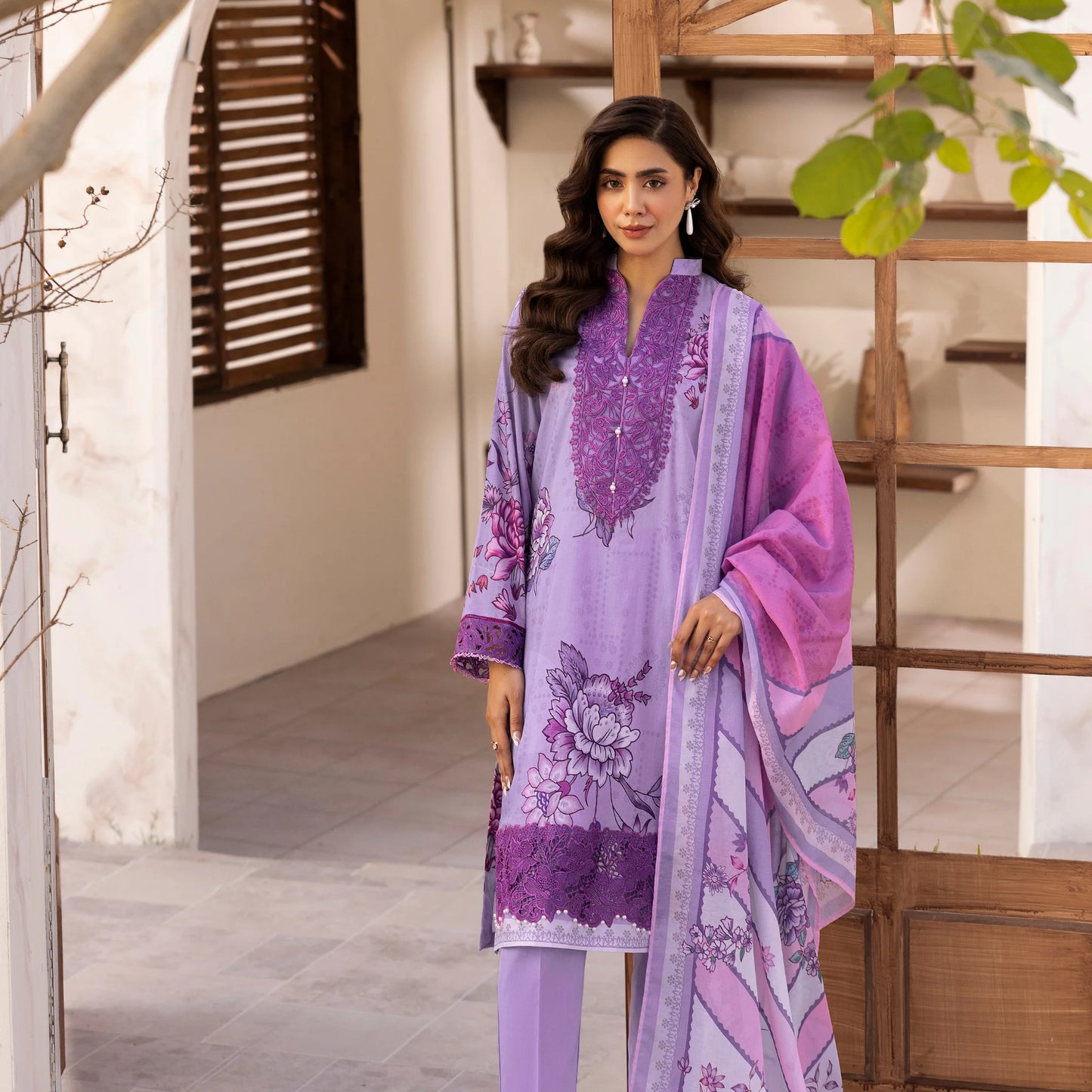 3 Piece Stitched Lawn Suit with Embroidery & Print