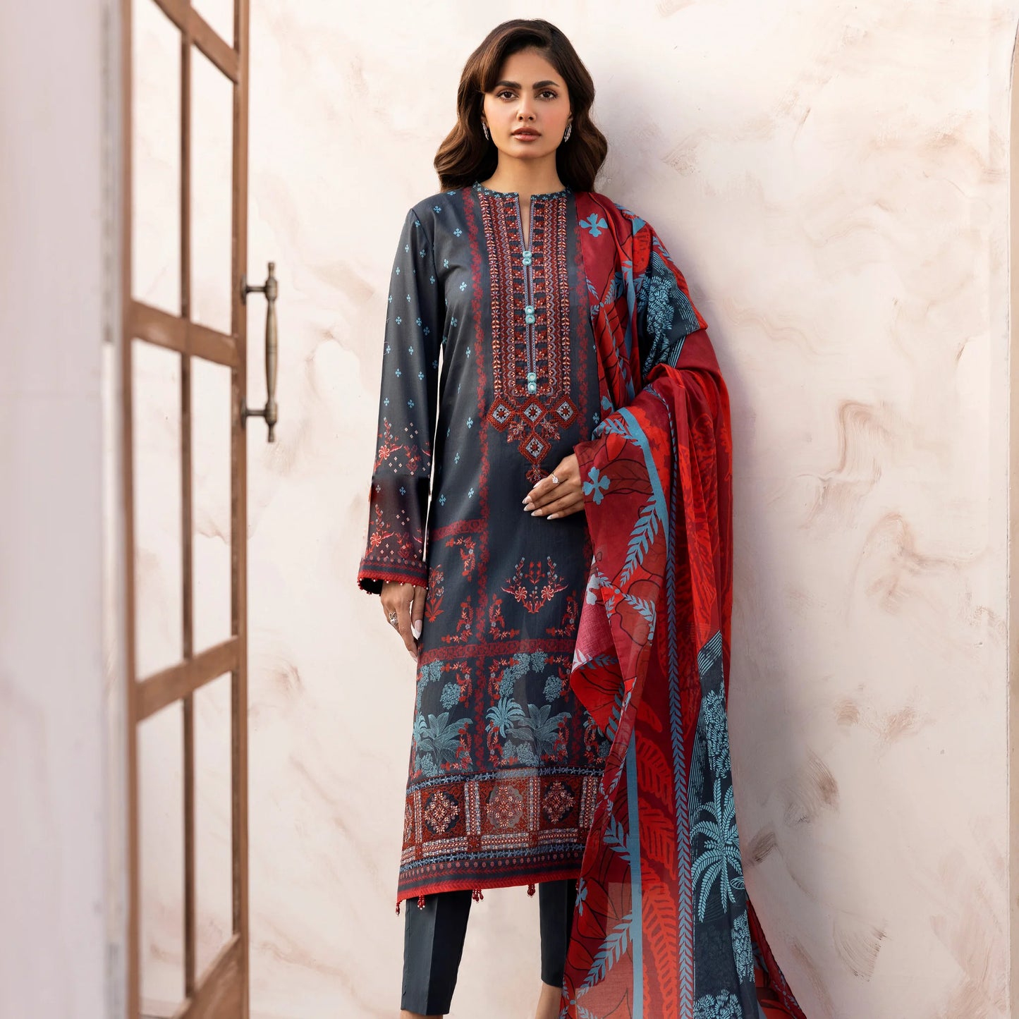 3 Piece Stitched Lawn Suit with Embroidery & Print