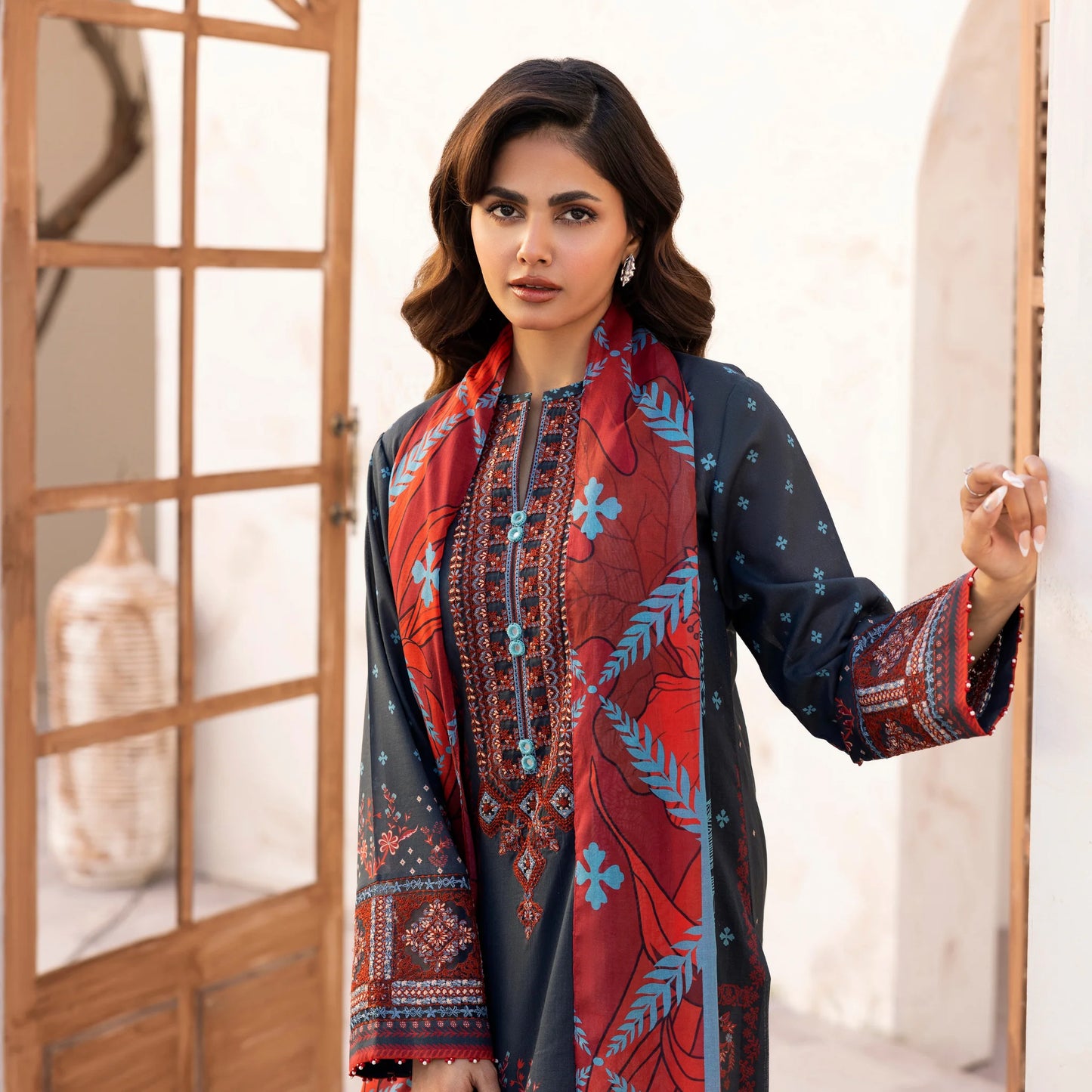 3 Piece Stitched Lawn Suit with Embroidery & Print