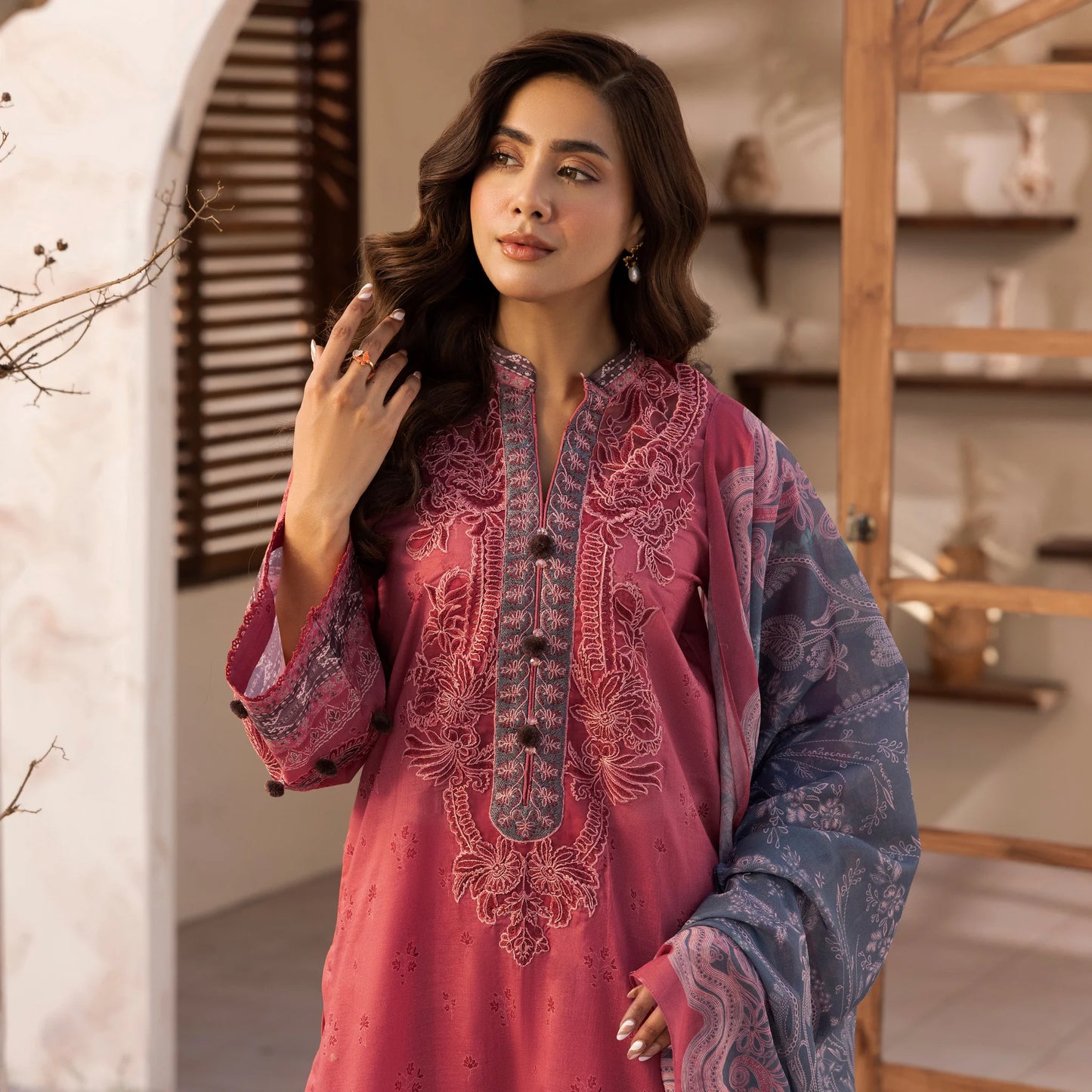 3 Piece Stitched Lawn Suit with Embroidery & Print