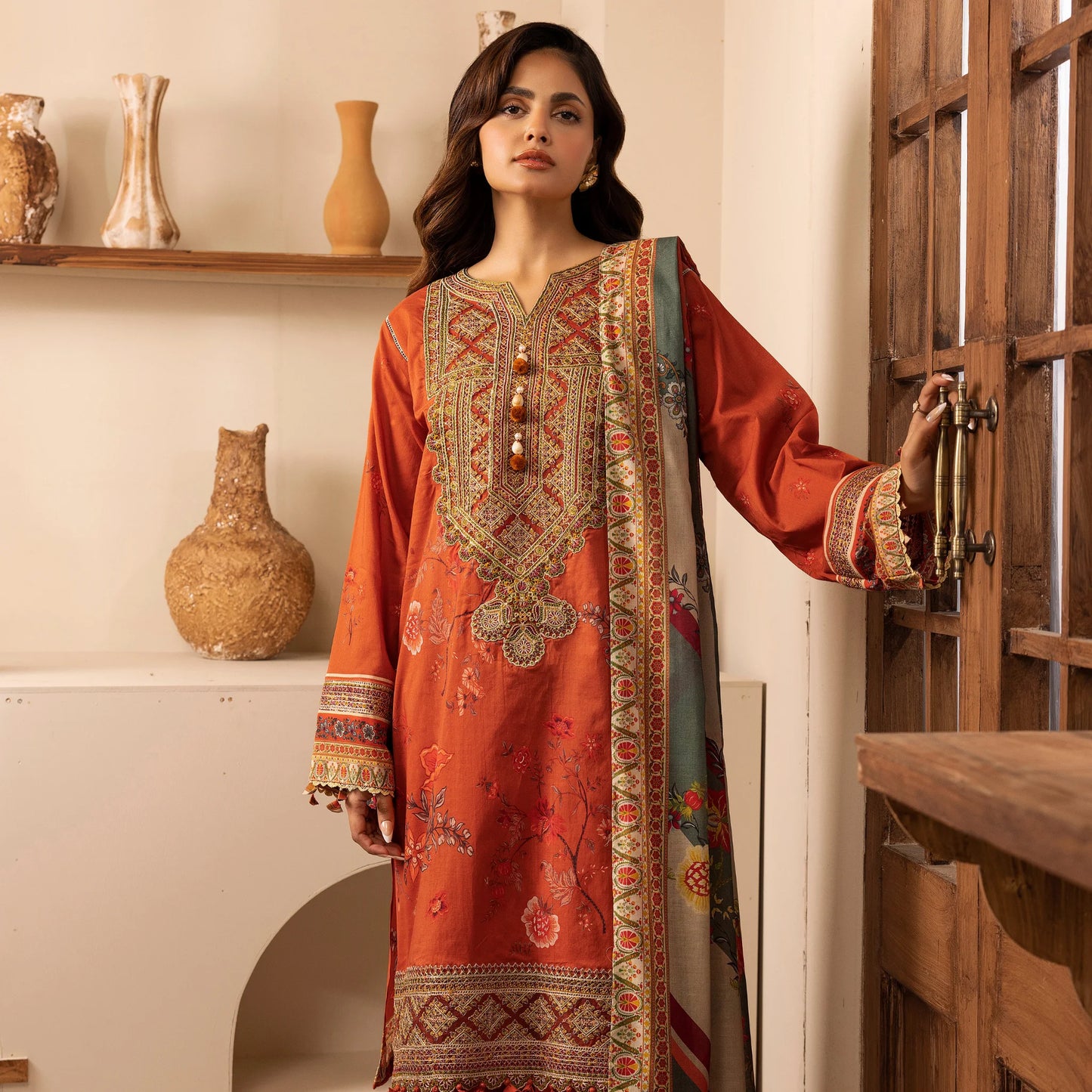 3 Piece Stitched Lawn Suit with Embroidery & Print
