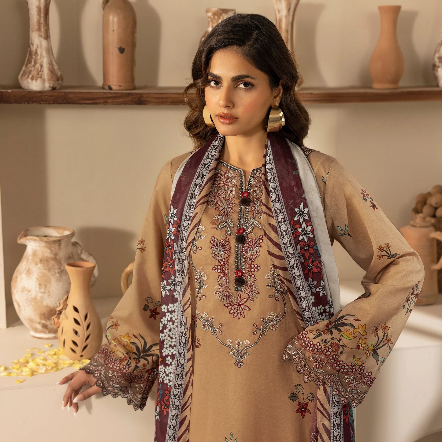 3 Piece Stitched Lawn Suit with Embroidery & Print