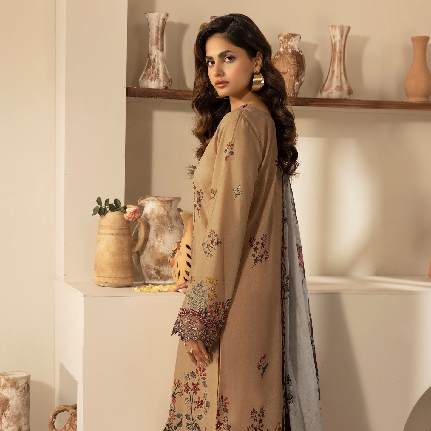 3 Piece Stitched Lawn Suit with Embroidery & Print