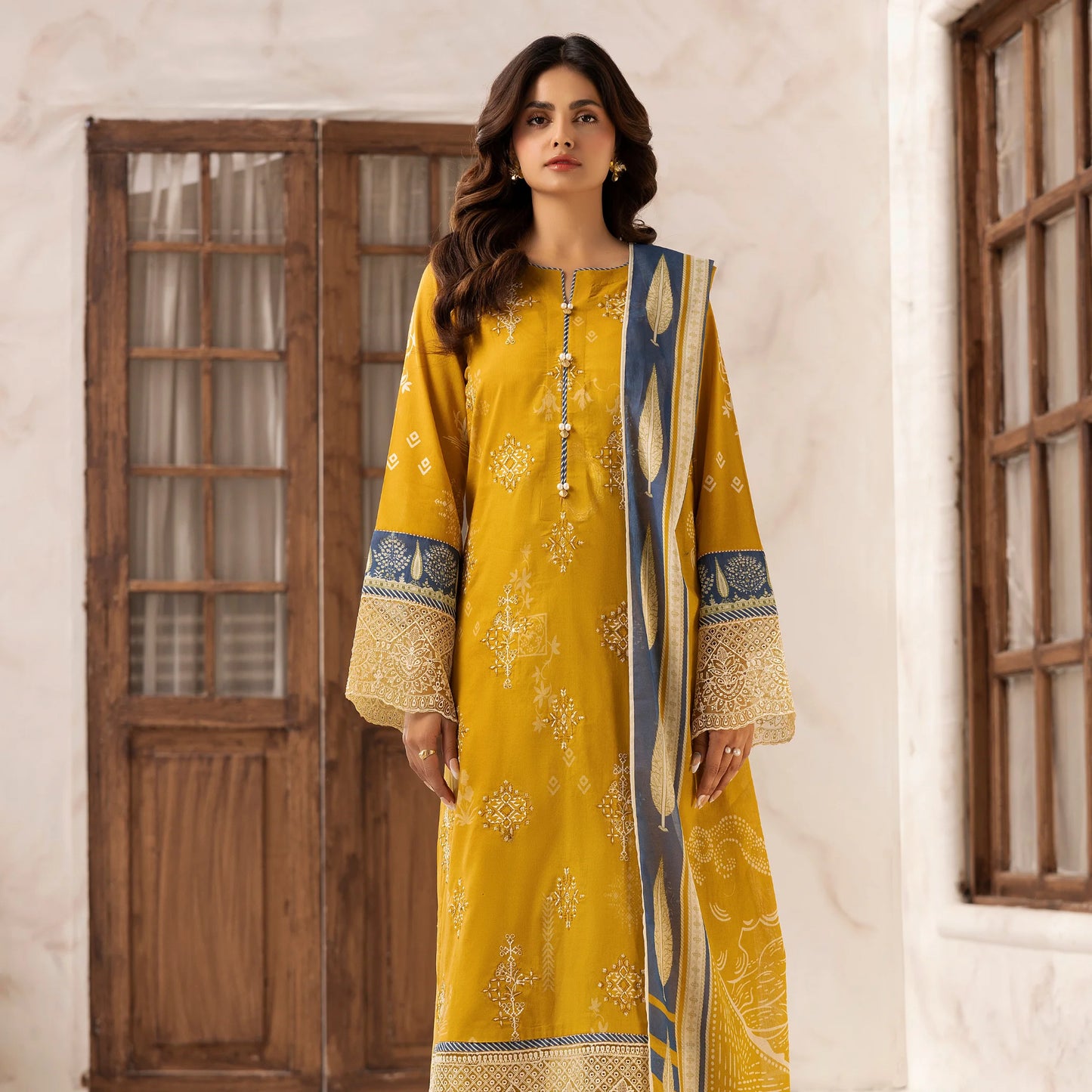 3 Piece Stitched Lawn Suit with Embroidery & Print