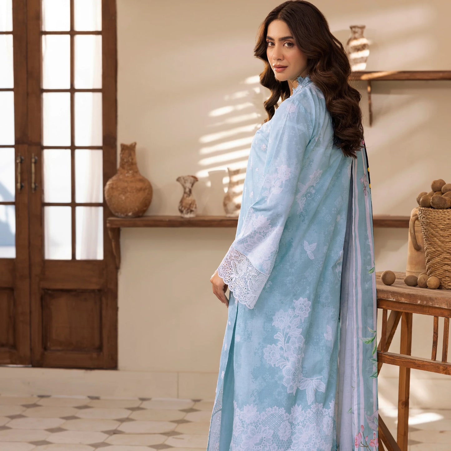 3 Piece Stitched Lawn Suit with Embroidery & Print