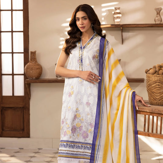 3 Piece Stitched Lawn Suit with Embroidery & Print