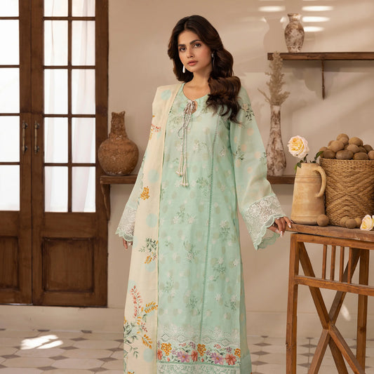 3 Piece Stitched Lawn Suit with Embroidery & Print