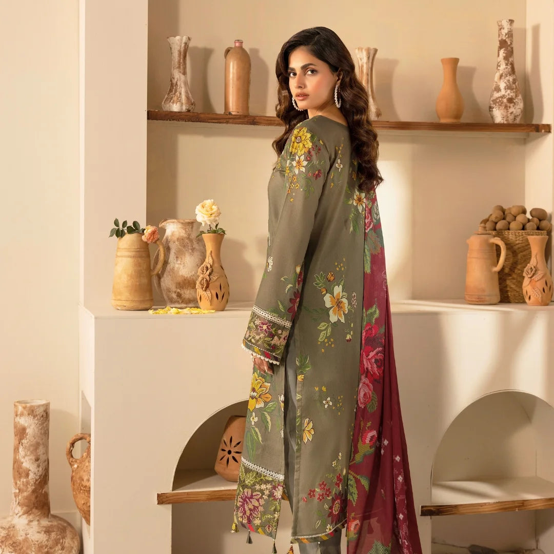 3 Piece Stitched Lawn Suit with Embroidery & Print