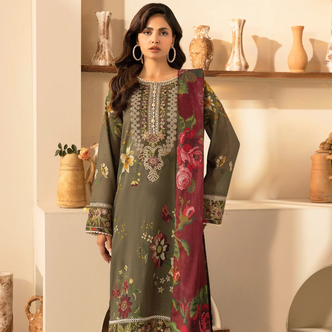 3 Piece Stitched Lawn Suit with Embroidery & Print