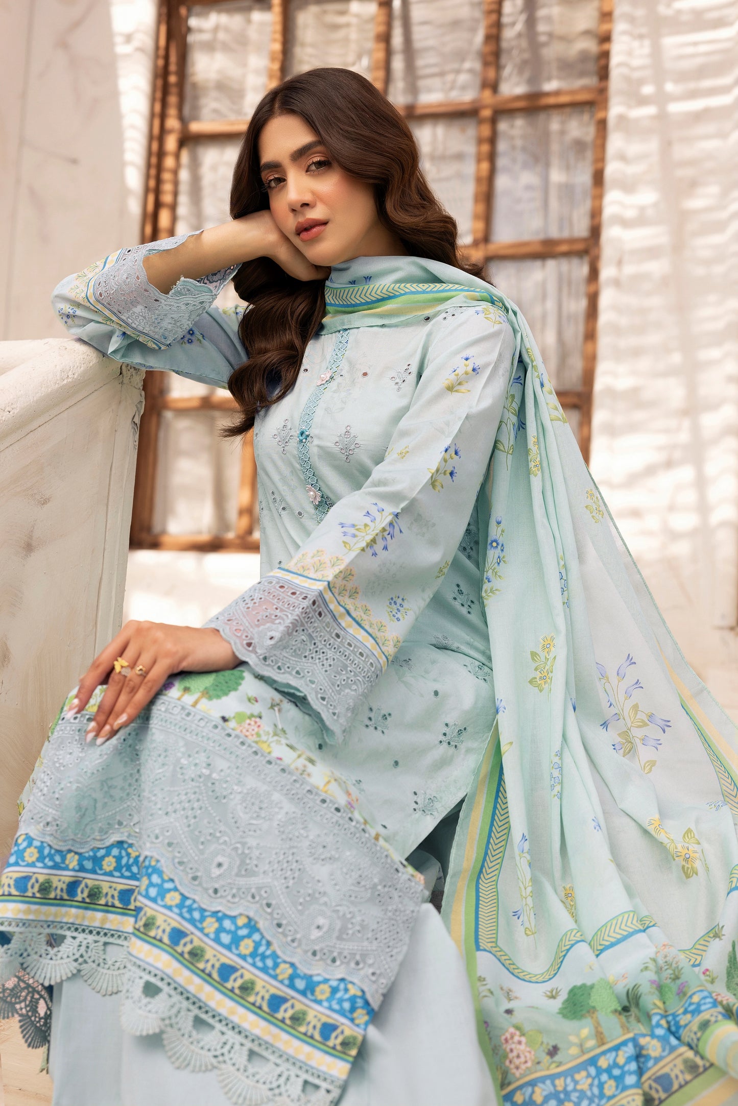 3 Piece Stitched Lawn Suit with Embroidery & Print
