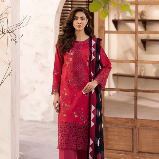 3 Piece Stitched Lawn Suit with Embroidery & Print