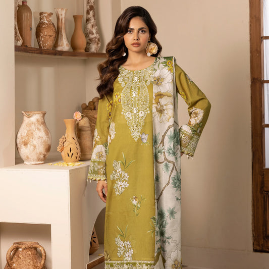 3 Piece Stitched Lawn Suit with Embroidery & Print