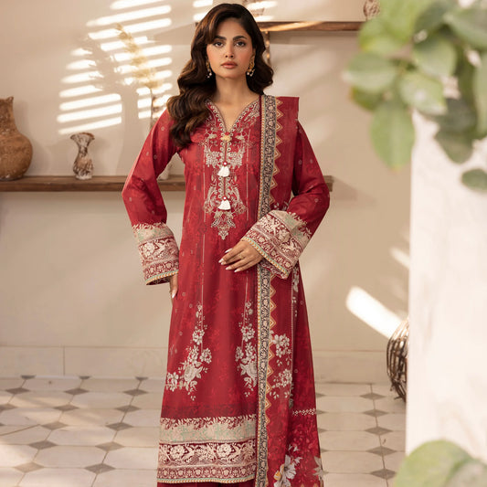 3 Piece Stitched Lawn Suit with Embroidery & Print