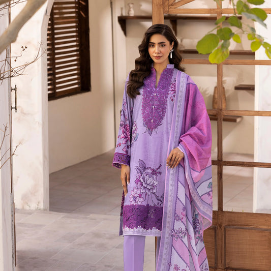 3 Piece Stitched Lawn Suit with Embroidery & Print
