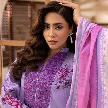 3 Piece Stitched Lawn Suit with Embroidery & Print