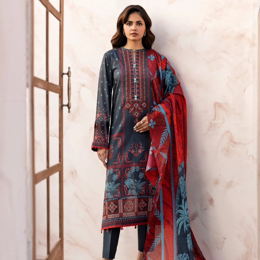 3 Piece Stitched Lawn Suit with Embroidery & Print