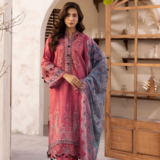 3 Piece Stitched Lawn Suit with Embroidery & Print