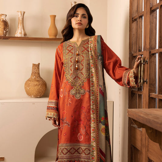 3 Piece Stitched Lawn Suit with Embroidery & Print