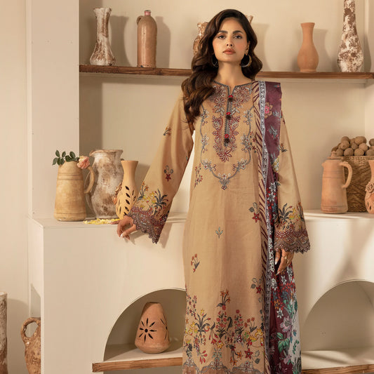3 Piece Stitched Lawn Suit with Embroidery & Print