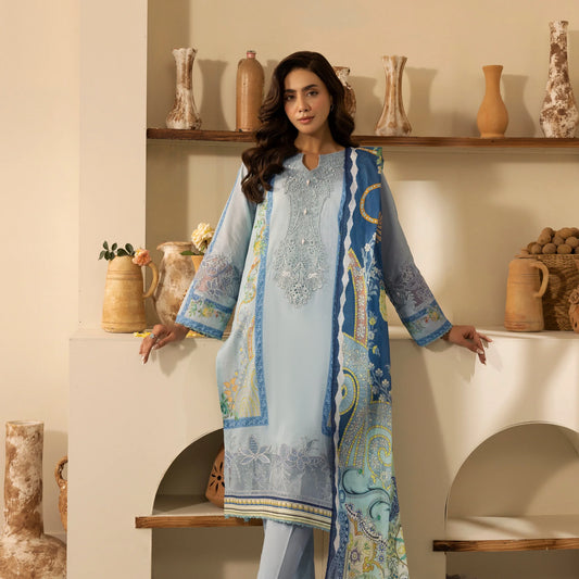3 Piece Stitched Lawn Suit with Embroidery & Print
