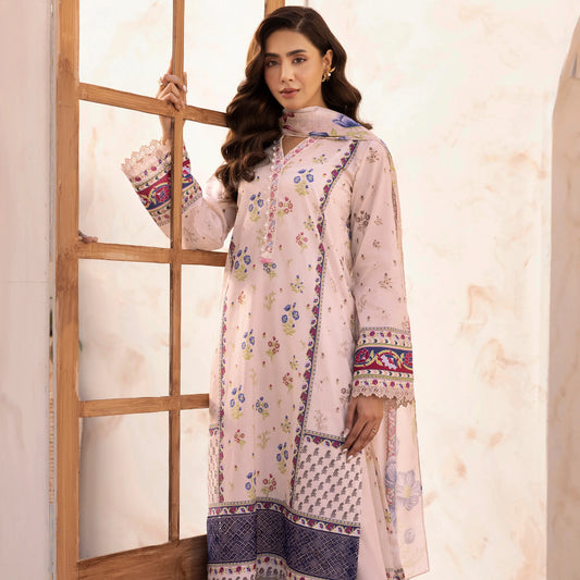 3 Piece Stitched Lawn Suit with Embroidery & Print