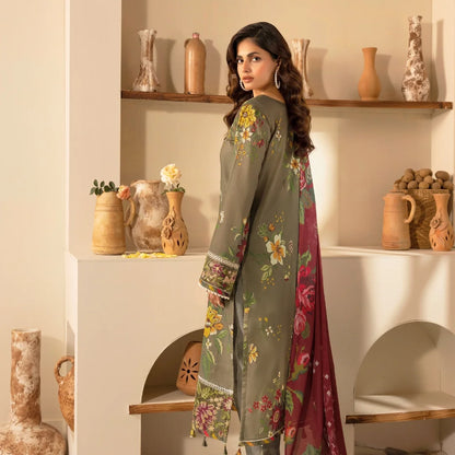 3 Piece Stitched Lawn Suit with Embroidery & Print