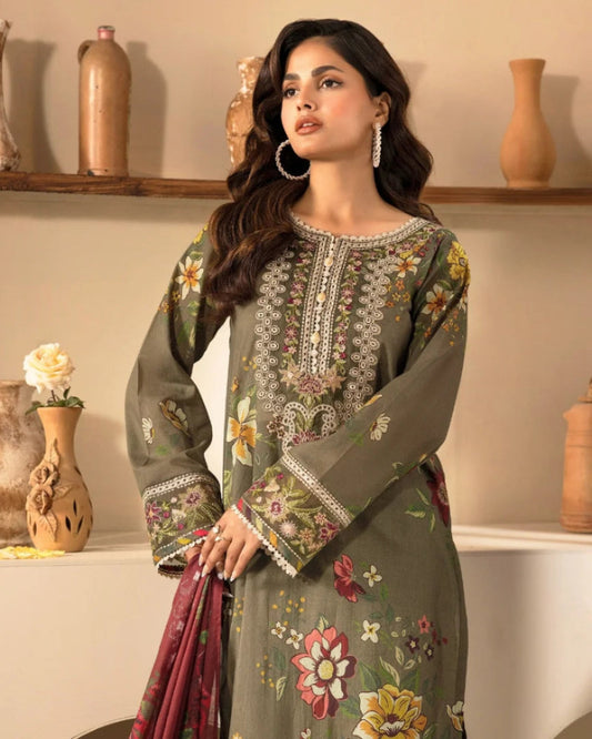 3 Piece Stitched Lawn Suit with Embroidery & Print