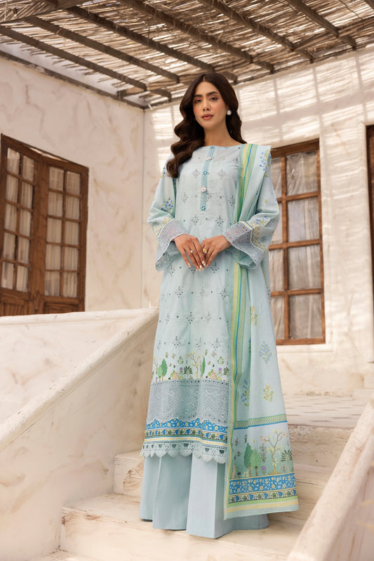 3 Piece Stitched Lawn Suit with Embroidery & Print